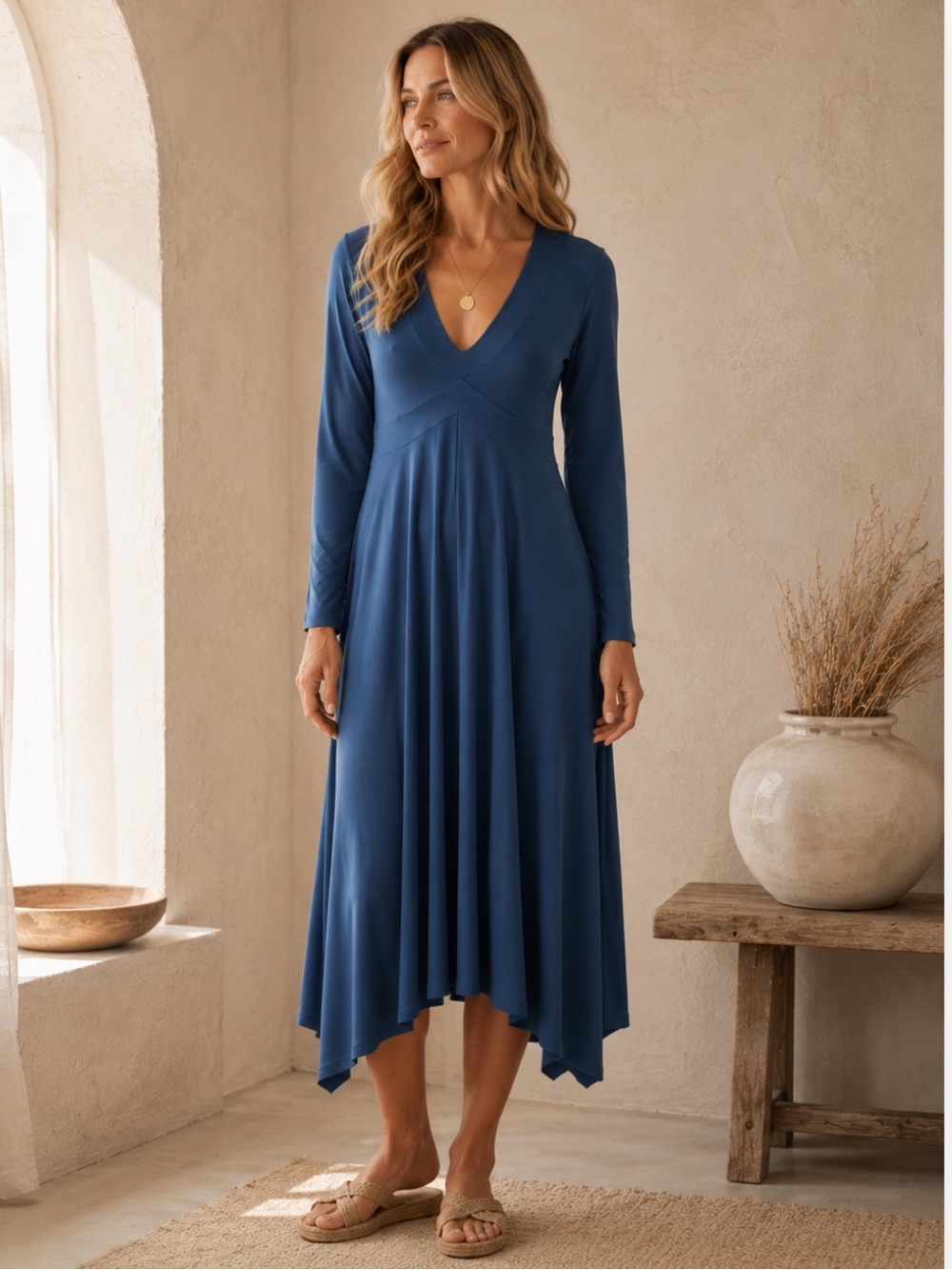 Sympli Blue Long Sleeve Midi Dress Sz 6 Stretch Empire Waist Swing Dress Canada